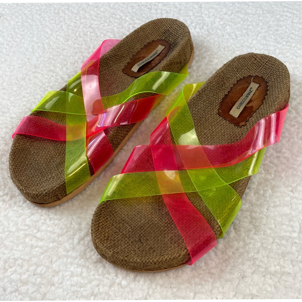 CHICCO RUIZ • Pink and Green Criss Cross Slip-On Sandals, 8.5 - Picture 11 of 16